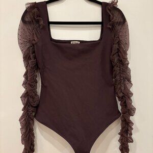 Free People Intimately brown "Must Be Love" Bodysuit S mesh ruched thumb hole